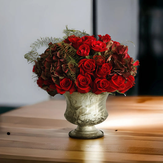 Red Roses Arrangement In Metallic Vase (040)