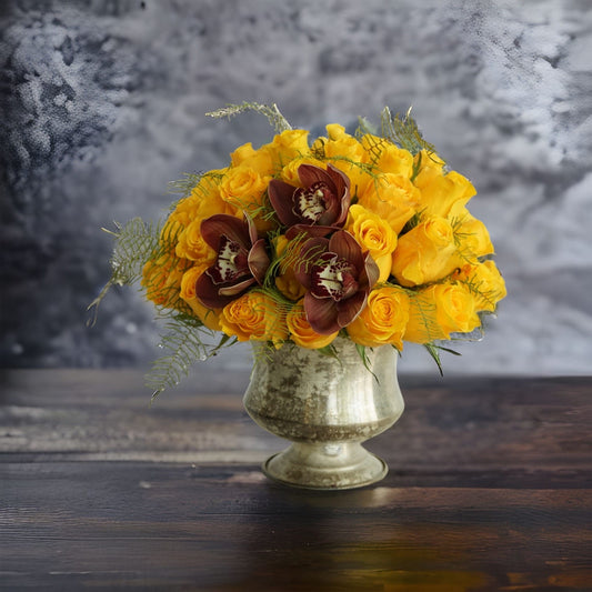 Yellow Roses Arrangement In Metallic Vase (041)